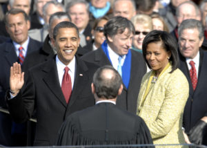 President Barack Obama taking his oath of office in January 20, 2009.